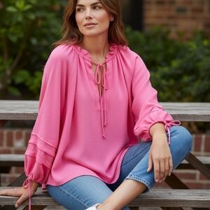 Alexis Women's Peasant Balloon-Sleeve Ruffle Collar Blouse Hot Pink Size L